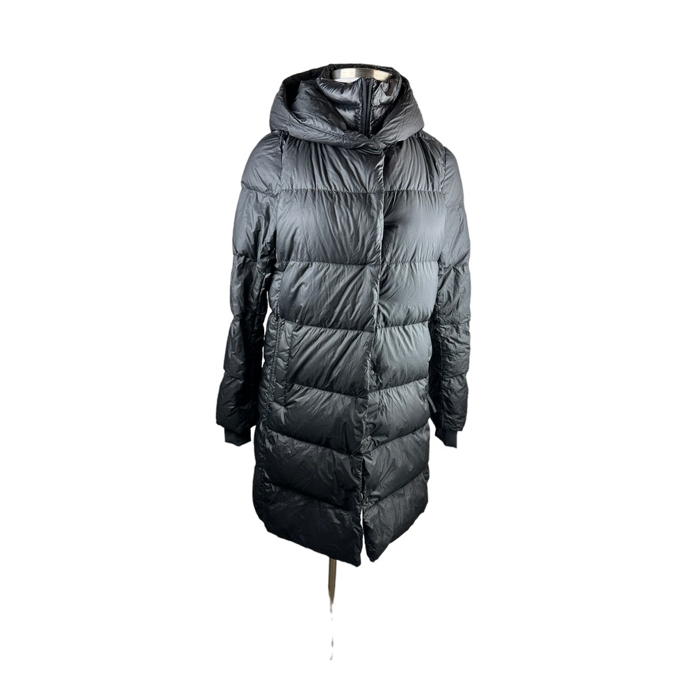 Athleta Lofty Down Coat Goose Down Black Puffer Hooded Puffy Long Coat Medium - Picture 2 of 16
